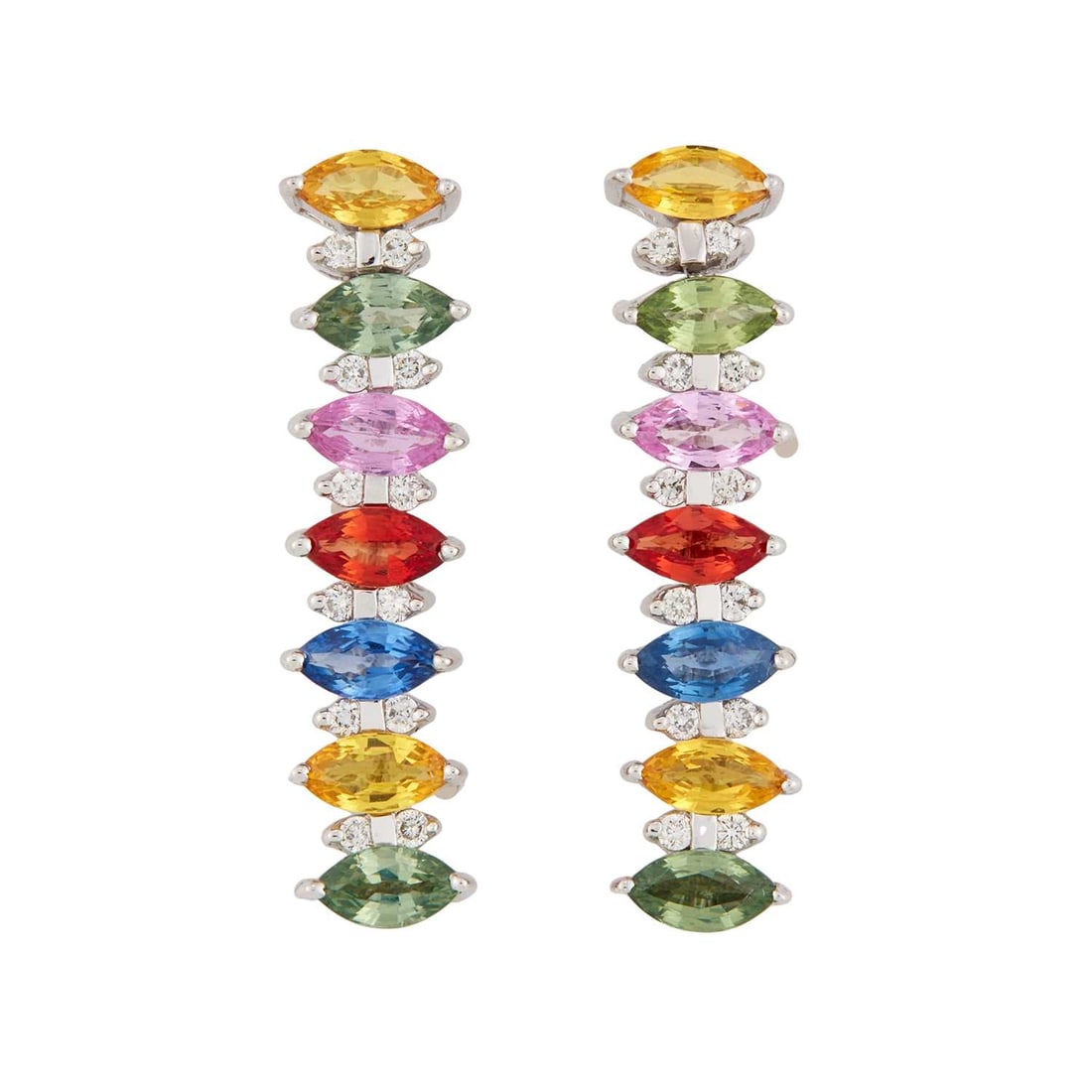 A PAIR OF 9 CARAT WHITE GOLD VARI-COLOURED SAPPHIRE AND DIAMOND PENDANT EARRINGS: marquise-cut sapphires spaced by pairs of diamonds, with post fittings, hallmarked. 2.8cm long, 5.7 grams HEJ018891