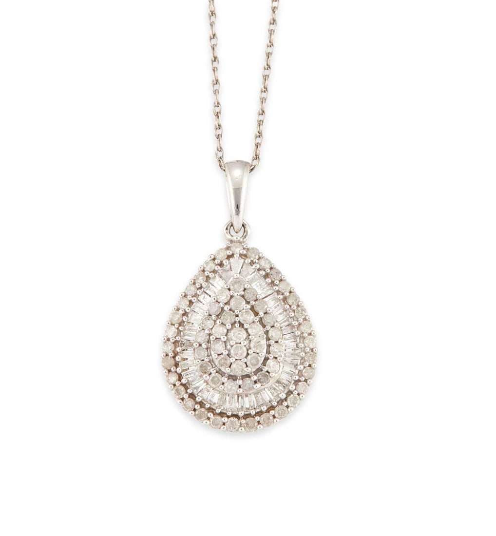A 9 CARAT WHITE GOLD DIAMOND CLUSTER PENDANT ON CHAIN: pear-shaped and set throughout with round and baguette-cut diamonds, to a fine chain, hallmarked. Pendant 2.7cm long, 4.4 grams gross Good condition. Estimated diamond colour: F/G, estimated diamond