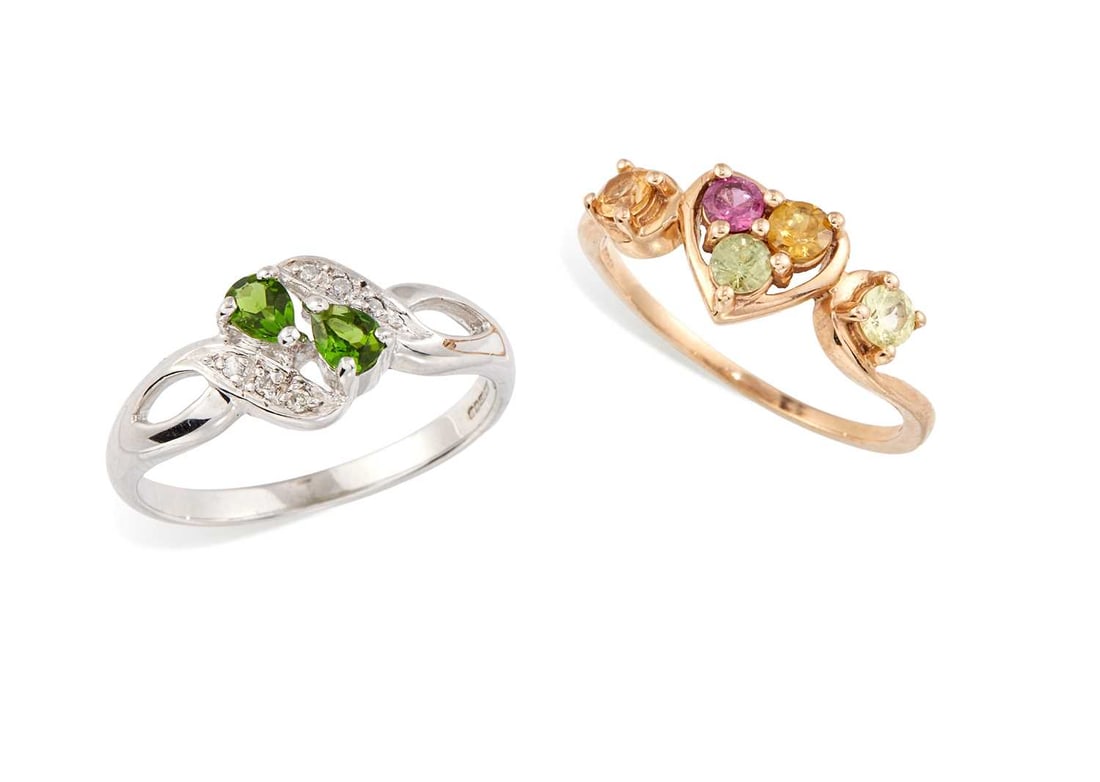 TWO 9 CARAT GOLD GEM-SET RINGS: comprising a chrome diopside and diamond ring and a vari-gem heart cluster ring, both hallmarked. (2) Ring sizes N and K1/2, 2.6 grams gross Good condition.