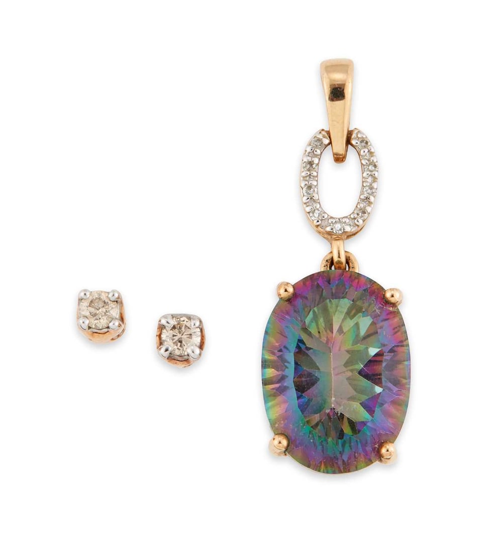A PAIR OF 9 CARAT GOLD SOLITAIRE DIAMOND STUD EARRINGS AND A MYSTIC TOPAZ PENDANT: hallmarked. (2) Estimated diamond weight 0.10 carat, pendant 2.3cm long, 3.7 grams gross Good condition