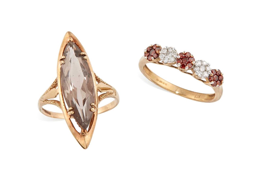 TWO 9 CARAT GOLD GEM-SET RINGS: comprising a fancy orange diamond and white diamond cluster band ring and a smoky quartz ring, both hallmarked. (2) Ring sizes O and N1/2, 3.3 grams gross Good condition. Fancy coloured diamonds enhan