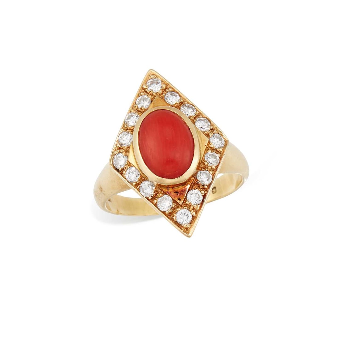 AN 18 CARAT GOLD CORAL AND DIAMOND CLUSTER RING: an oval coral within a lozenge-shaped border of round brilliant-cut diamonds, hallmarked London 1981. Estimated total diamond weight 0.50, ring size O, 8.2 grams Good condition. Estimated diamond