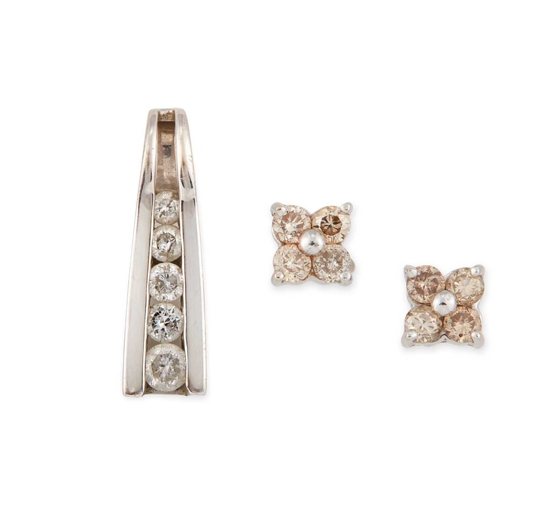 A PAIR OF 18 CARAT WHITE GOLD DIAMOND CLUSTER STUD EARRINGS AND A DIAMOND PENDANT: the earrings of four round brilliant-cut diamonds in claw settings, with post fittings, stamped '18K'; the pendant of five graduated round brilliant-cut diamonds, hallmarked. (2) Earrings estimated to