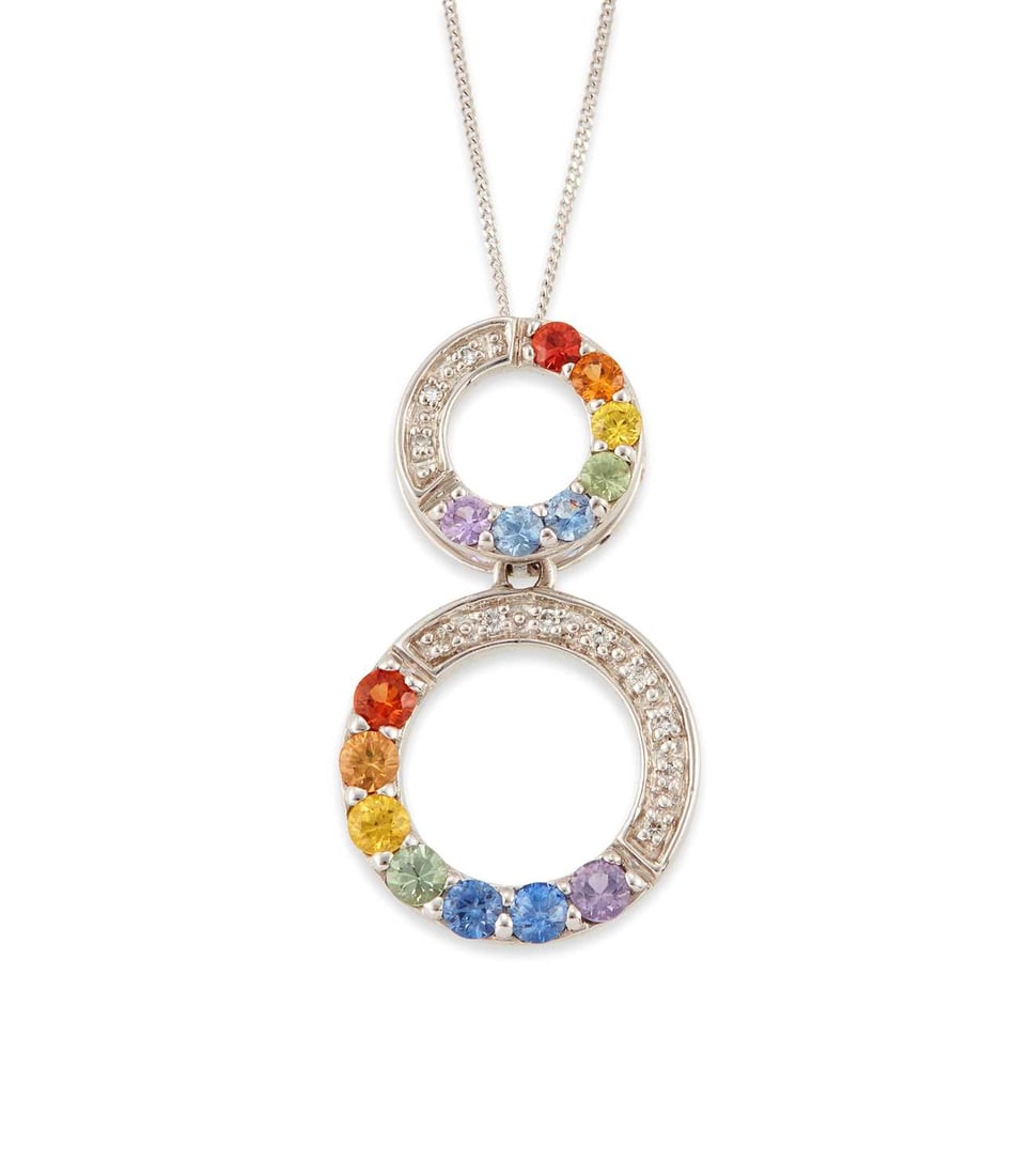 A 9 CARAT WHITE GOLD VARI-COLOUR SAPPHIRE AND DIAMOND PENDANT NECKLACE: two hoops set with vari-coloured sapphires and diamonds, to a fine chain, hallmarked. Pendant 3cm long, 4.4 grams Good condition