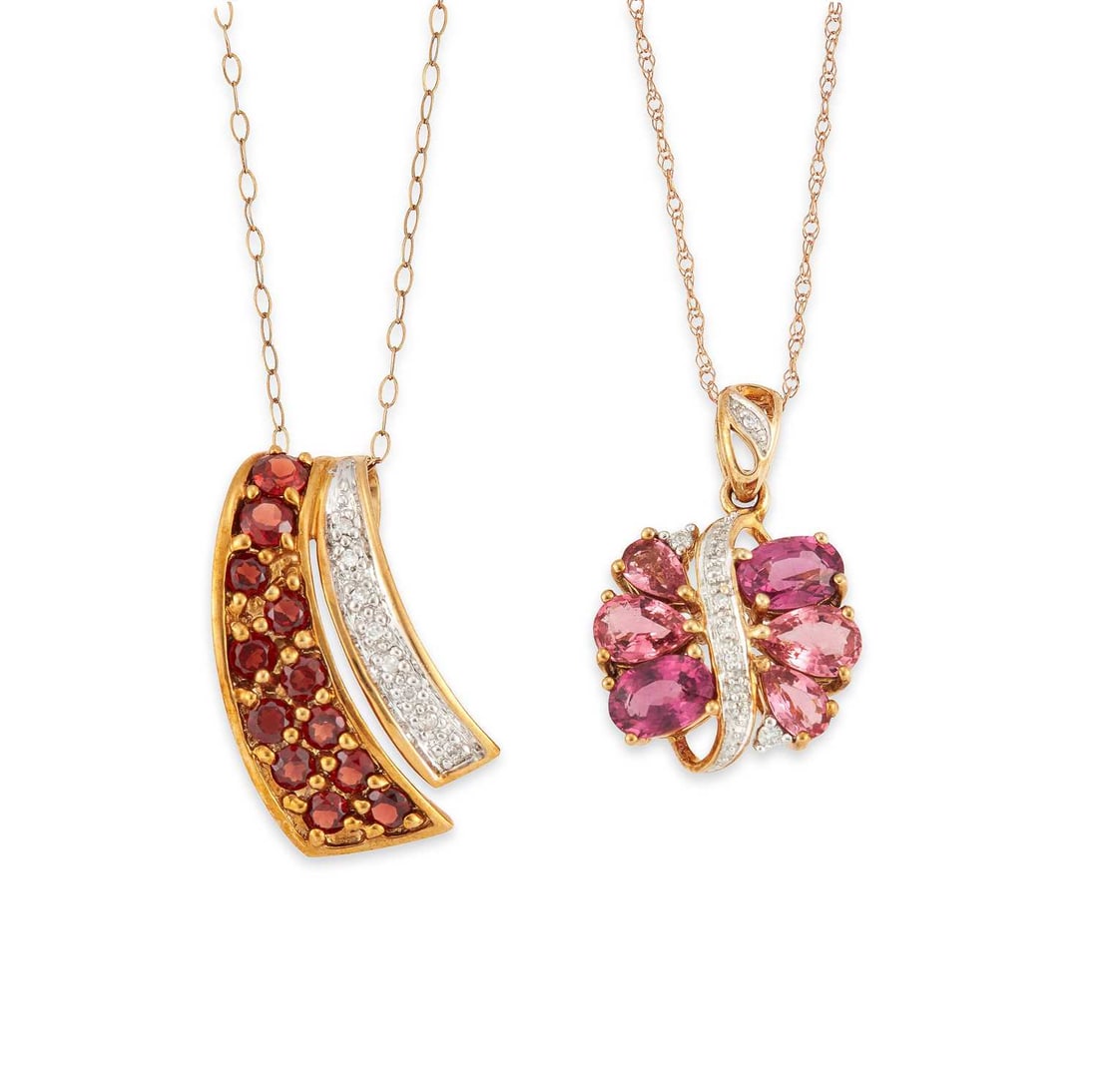 TWO 9 CARAT GOLD GEM-SET PENDANT NECKLACES: comprising a garnet and diamond scroll pendant, hallmarked, on a fine chain; and a pink garnet and diamond pendant, hallmarked, on a fine chain. (2) Pendants 2.5cm long and smaller, 5.8 grams gross
