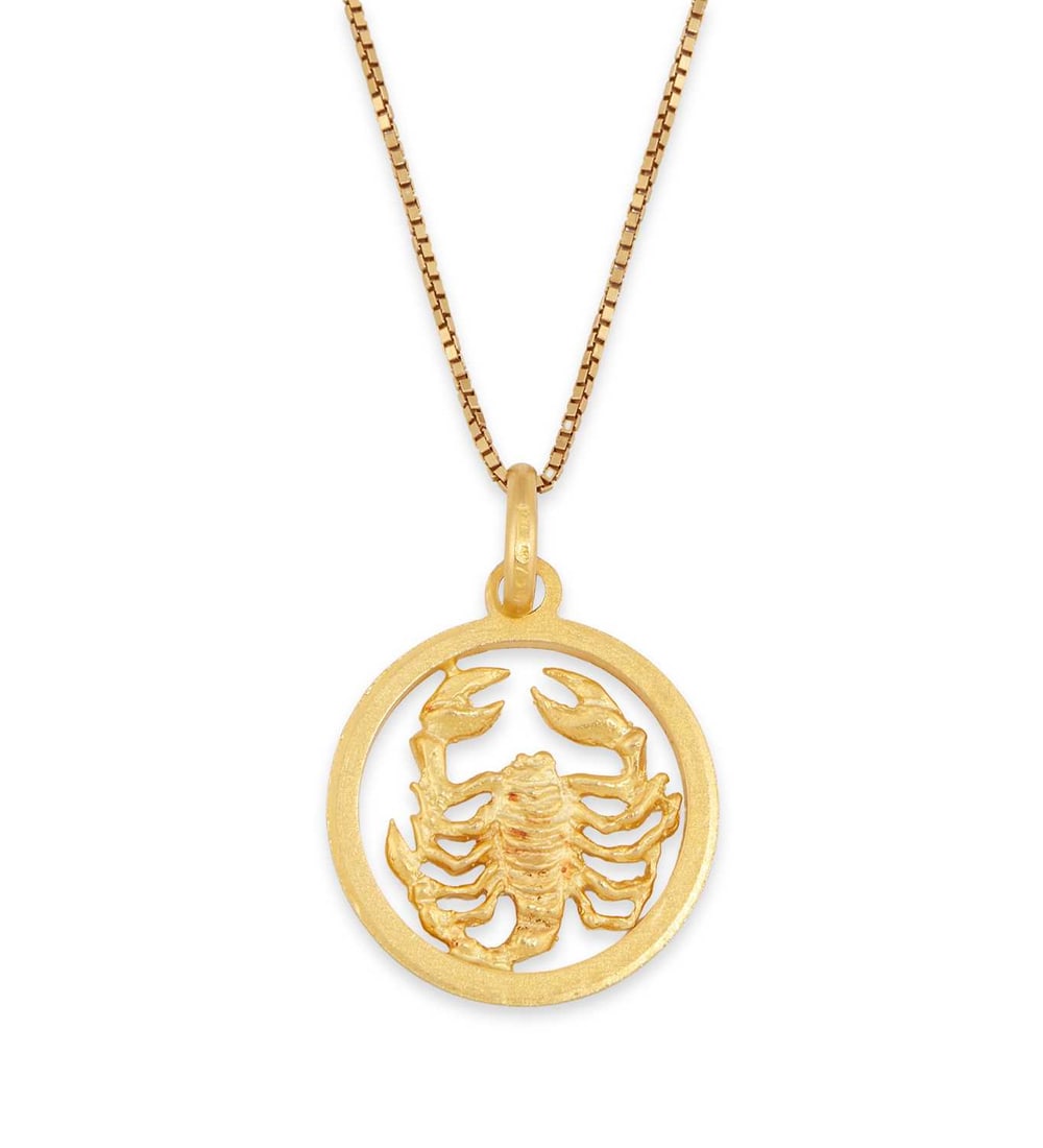 A SCORPIO PENDANT ON CHAIN: a Scorpio zodiac motif within a pierced circular frame, on a fine box chain, stamped '750'. Pendant 2.7cm long, chain 40cm long, 5.7 grams Good condition