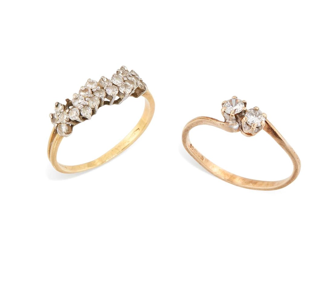 TWO GOLD DIAMOND RINGS: comprising an 18 carat gold diamond half hoop ring, hallmarked; and a 9 carat gold toi et moi ring, hallmarked. (2) First estimated total diamond weight 0.40 carat, ring sizes P1/2 and M1/2, first
