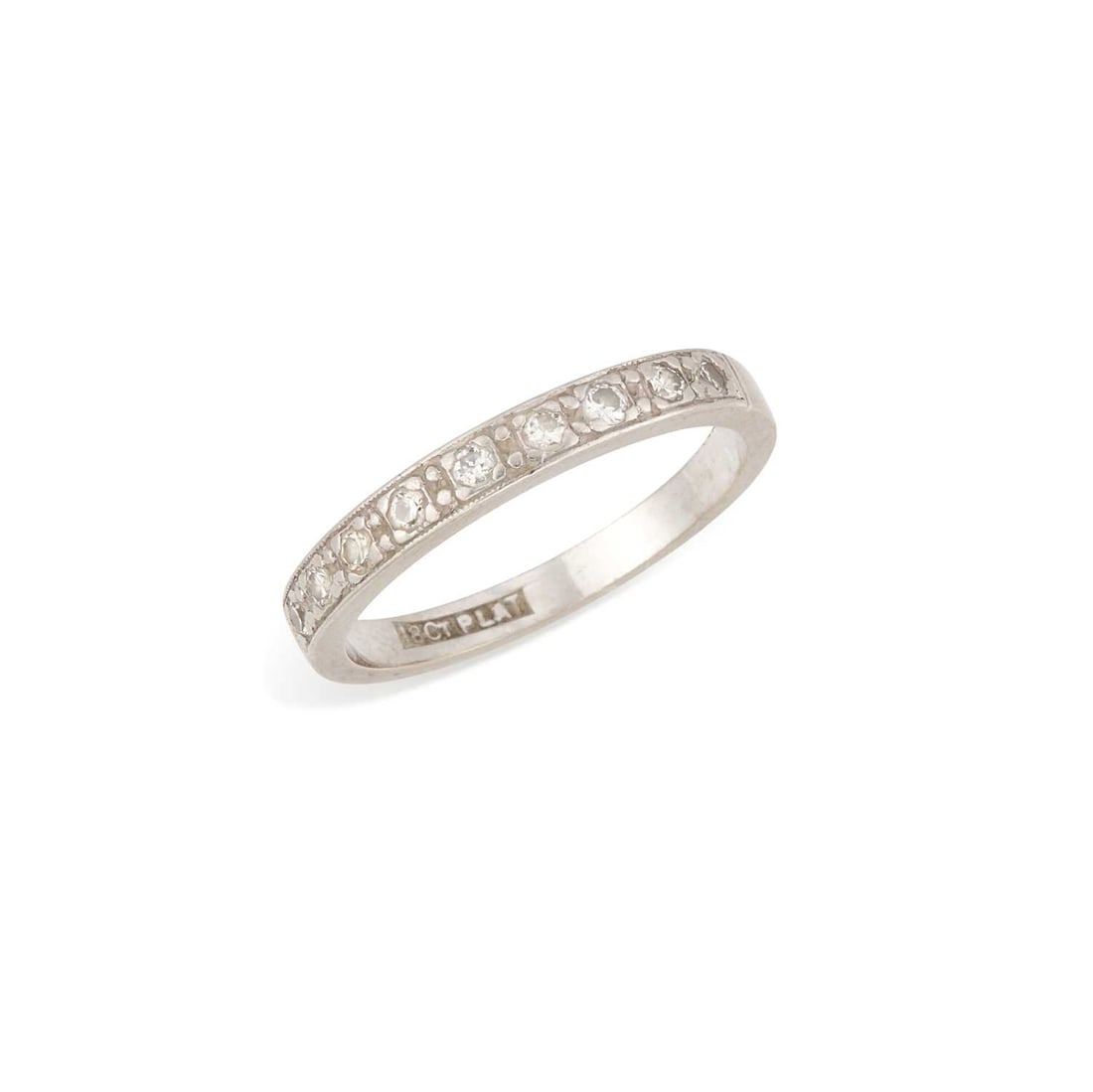 A DIAMOND HALF HOOP RING: round brilliant-cut diamonds claw-set to a flat-sided band, stamped '18CT PLAT'. Estimated total diamond weight 0.25 carat, ring size N, 3.4 grams Good condition. Estimated diamond colour: H/I,