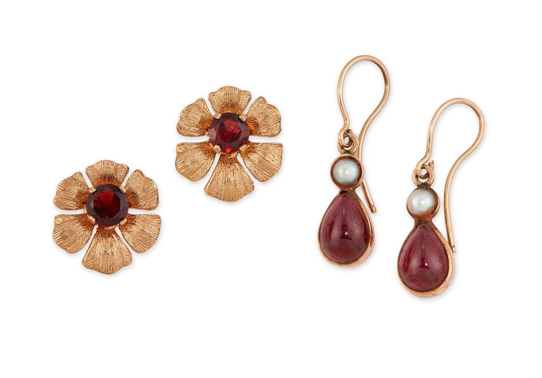 TWO PAIRS OF 9 CARAT GOLD GEM-SET EARRINGS: comprising a pair of garnet flower head stud earrings, hallmarked; and a pair of garnet and split pearl pendant earrings, unmarked. (2) 2.7cm long and smaller, 4.7 grams gross Good condition