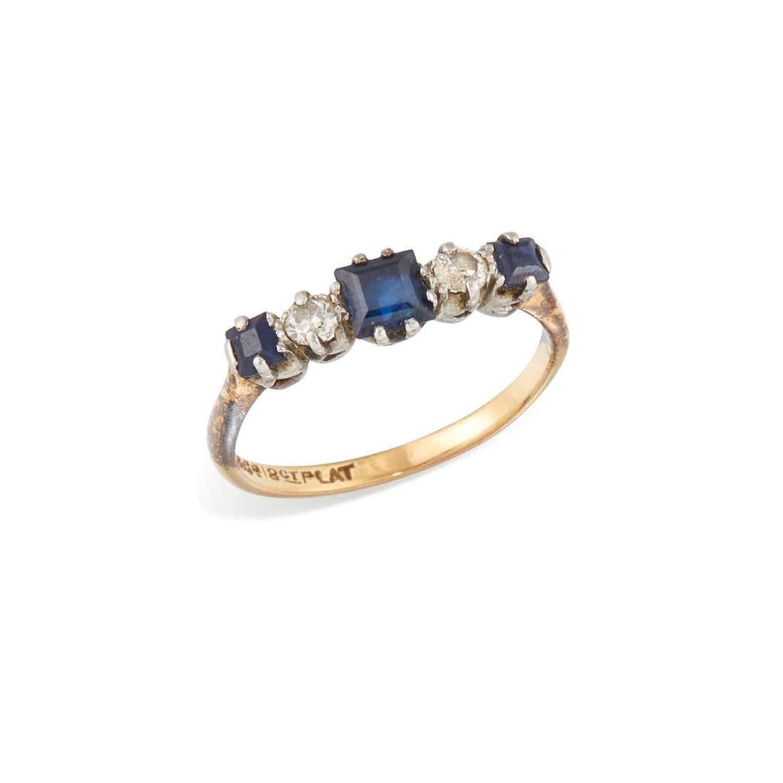 A SAPPHIRE AND DIAMOND HALF HOOP RING: three graduated square-cut sapphires spaced by round brilliant-cut diamonds, stamped '18CT'. Ring size M1/2, 2.7 grams Good condition.