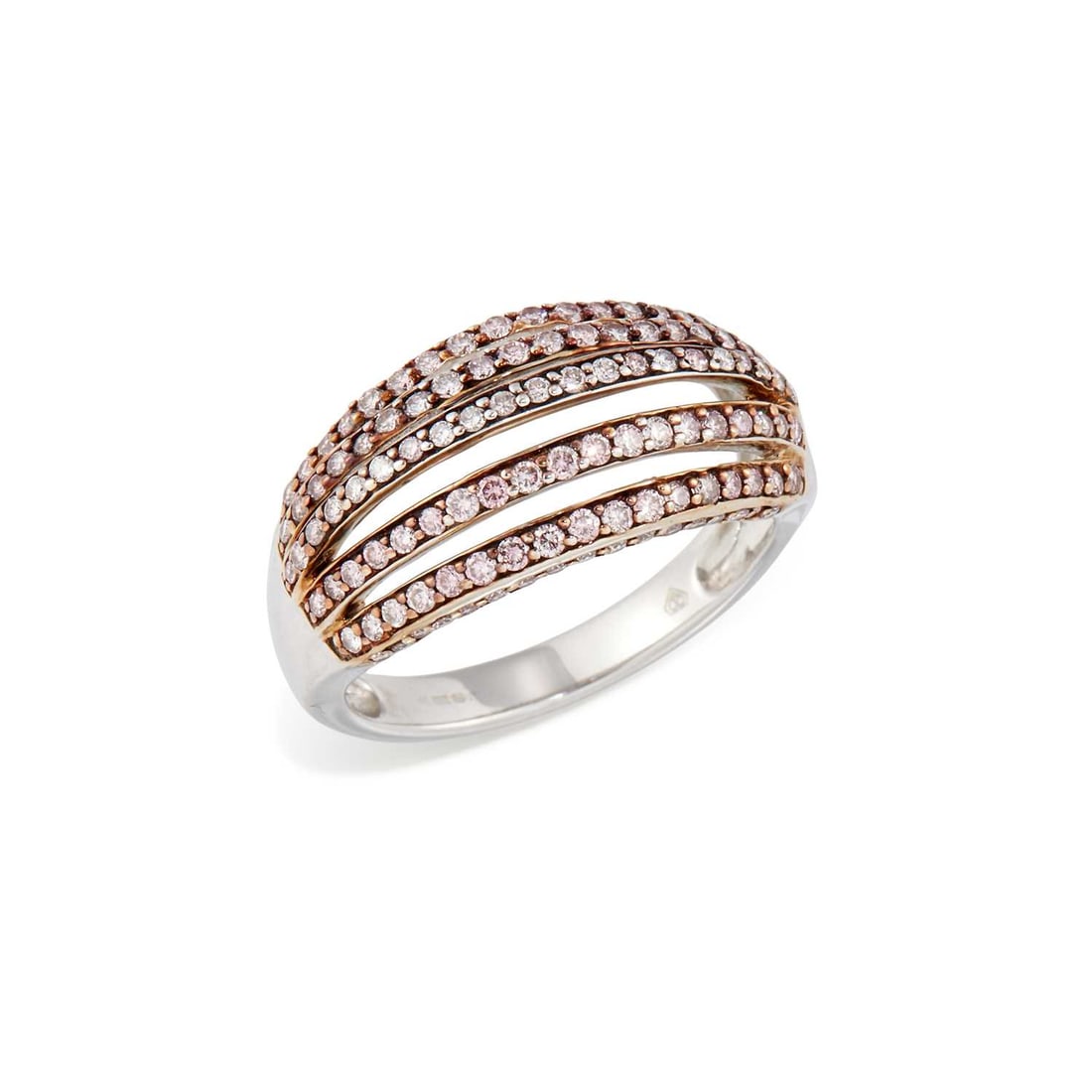 A 9 CARAT WHITE GOLD FANCY COLOURED DIAMOND RING: rows of fancy light pink and white round brilliant-cut diamonds to a pierced band, hallmarked Birmingham. Ring size N1/2, 4.4 grams Good condition. Colour likely to be artificially enhanced