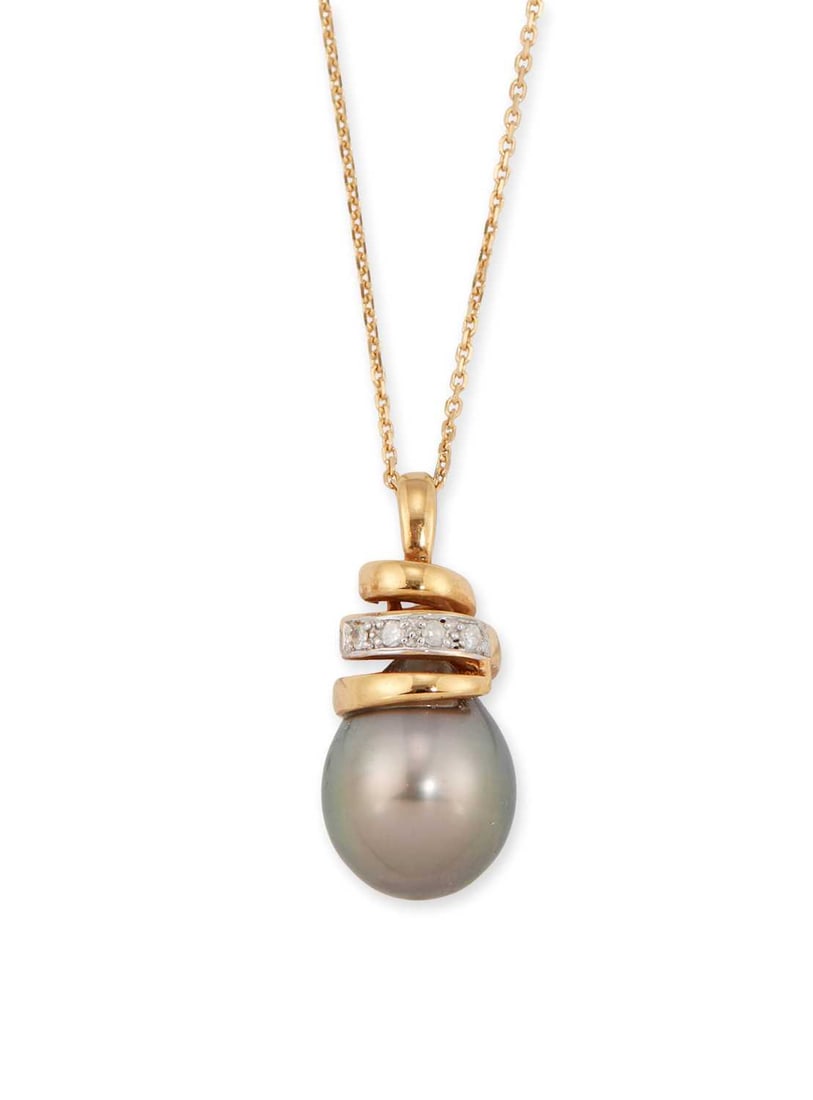 AN 18 CARAT GOLD CULTURED TAHITIAN PEARL AND DIAMOND PENDANT ON CHAIN: a pear-shaped Tahitian pearl suspended from a diamond-set bail, to a fine chain, hallmarked Birmingham 2005. Pendant 2cm long, chain 40cm long, 3.4 grams Good condition