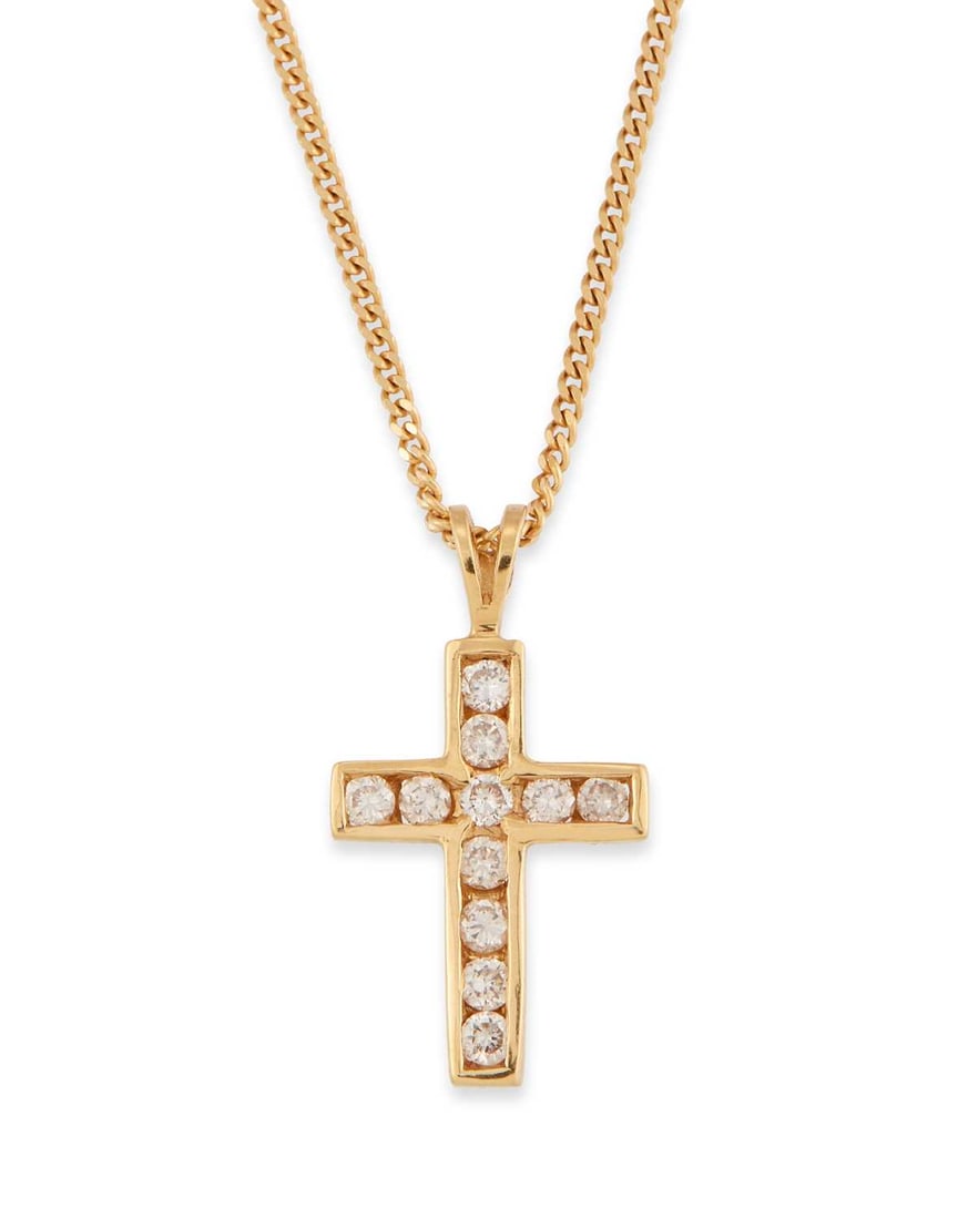 AN 18 CARAT GOLD DIAMOND CROSS PENDANT ON CHAIN: the cross channel-set with round brilliant-cut diamonds, to a fine link chain, hallmarked. Stated total diamond weight 0.35 carat, pendant 2cm long, chain 45cm long, 4.1 grams