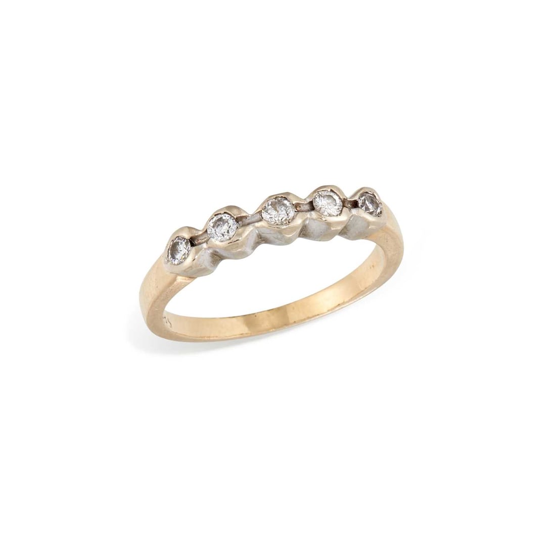 A DIAMOND HALF HOOP RING: five round brilliant-cut diamonds in bezel settings, stamped '585'. Estimated total diamond weight 0.25 carat, ring size K1/2, 2.8 grams Good condition. Estimated diamond colour: G/H, estimated