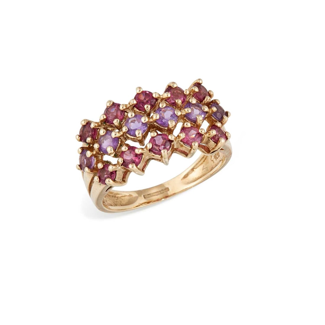 A 9 CARAT GOLD AMETHYST AND PINK GEM RING: round-cut amethyst between rows of pink gems, hallmarked Birmingham 2002. Ring size J, 3.2 grams Good condition