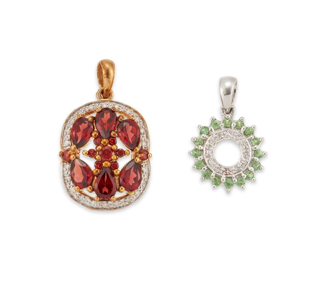 TWO 9 CARAT GOLD GEM-SET PENDANTS: comprising a garnet and diamond cluster pendant, hallmarked; and a green garnet and diamond halo pendant, hallmarked. (2) 2.5cm long and smaller, 6.4 grams gross Good condition