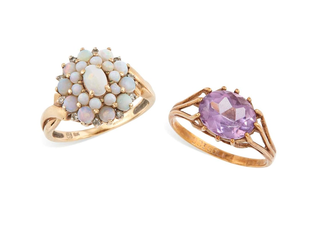 TWO 9 CARAT GOLD GEM-SET RINGS: comprising an opal cluster ring, hallmarked; and an amethyst ring, stamped '9CT'. (2) Ring size M and Q, 3.9 grams gross Good condition