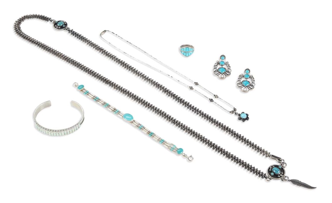 A COLLECTION OF SILVER NATIVE AMERICAN JEWELLERY: including a pair of Carolyn Pollack turquoise earrings; an opal pendant on chain; and a turquoise filigree chain; etc. (6) Chain 85cm long, 125 grams gross Good condition