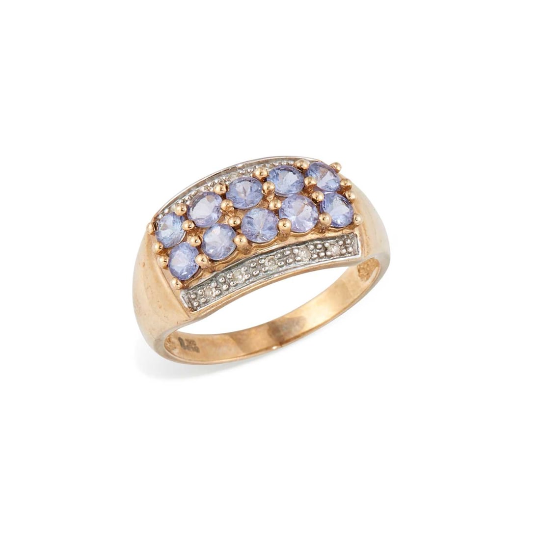 A 9 CARAT GOLD TANZANITE AND DIAMOND RING: two rows of round-cut tanzanites between rows of diamonds, hallmarked Sheffield. Ring size P, 3.6 grams Good condition
