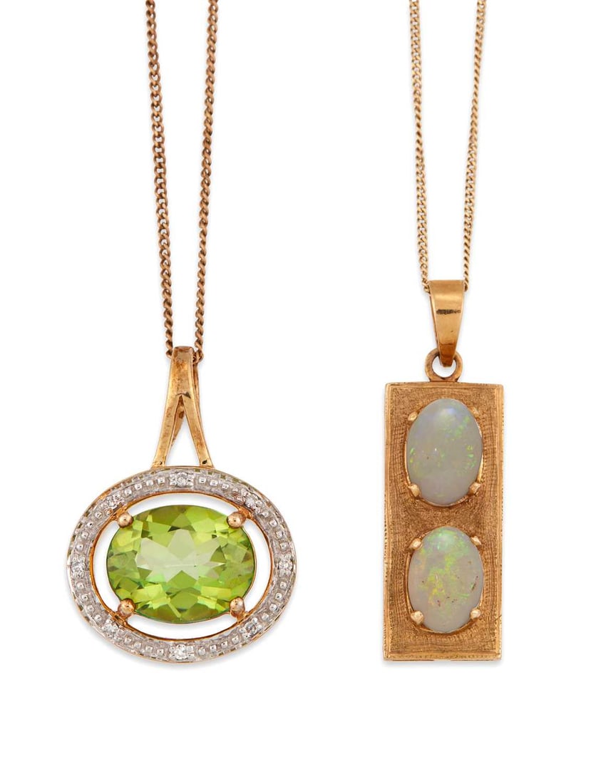 TWO 9 CARAT GOLD GEM-SET PENDANT NECKLACES: comprising a peridot and diamond cluster pendant, hallmarked, on a fine chain; and an opal pendant, stamped '9K', on a fine chain. (2) Pendants 2.5cm long and smaller, 6 grams gross Good condition
