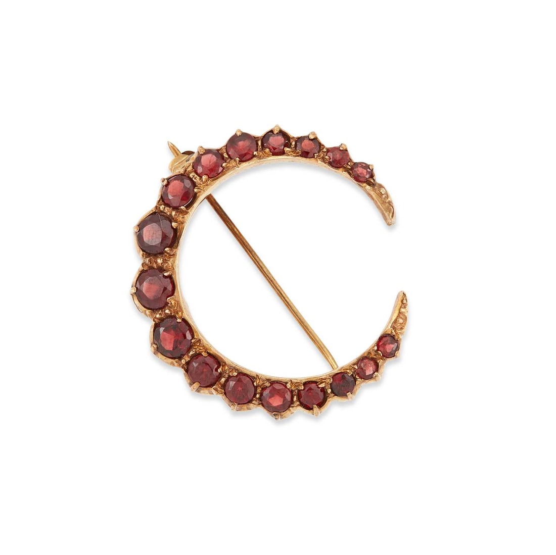 A 9 CARAT GOLD ANTIQUE STYLE GARNET CRESCENT BROOCH: hallmarked London 1969. 3cm diameter, 4.7 grams Good condition