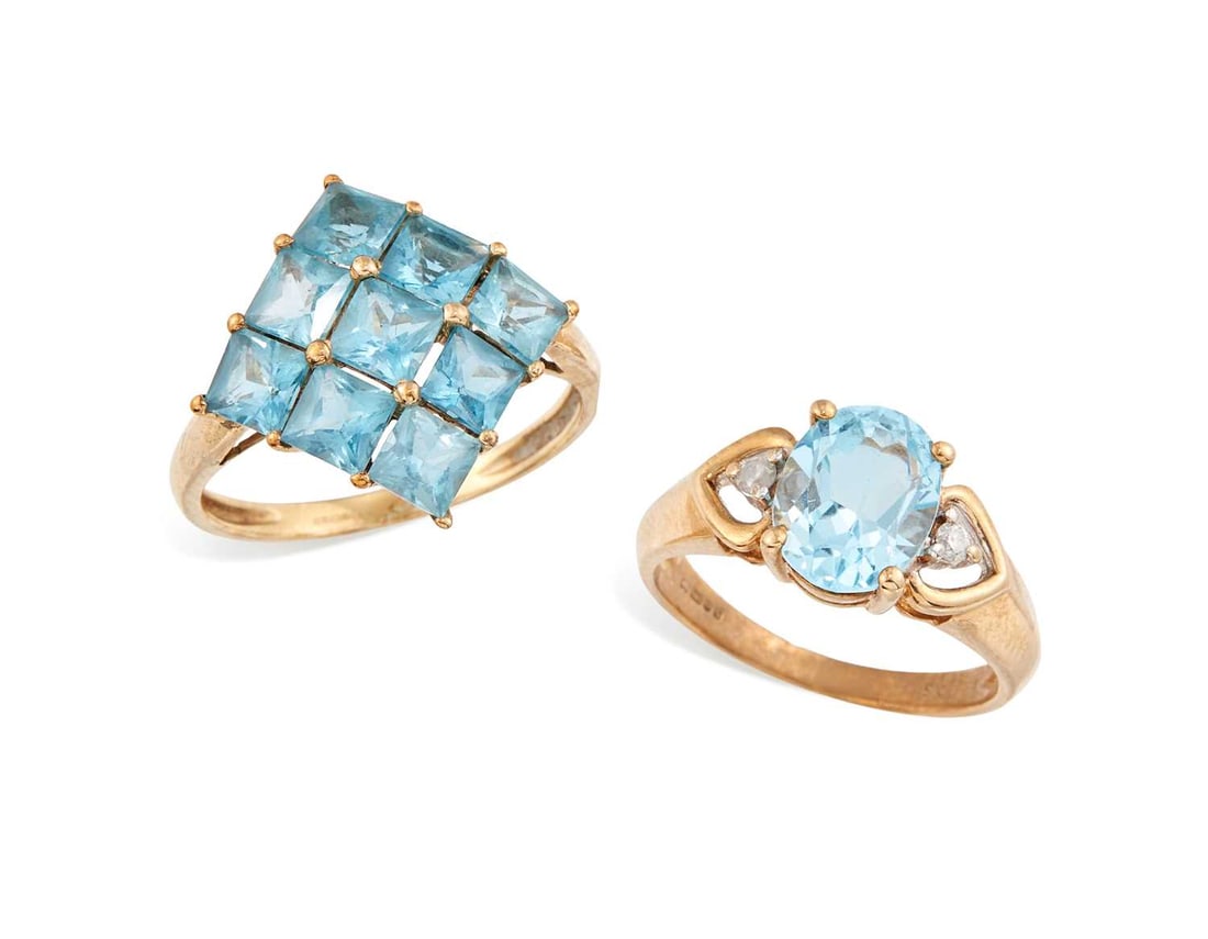 TWO 9 CARAT GOLD BLUE TOPAZ RINGS: comprising a blue topaz cluster ring, hallmarked; and a blue topaz and diamond three stone ring, hallmarked. (2) Ring sizes P and L, 3.1 grams gross Good condition.