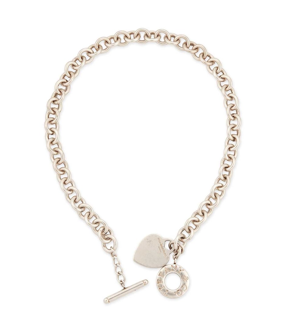 TIFFANY & CO, A SILVER HEART TAG NECKLACE: a plain heart tag to a belcher chain necklace with a toggle clasp, hallmarked. 41cm long, 76 grams Good condition
