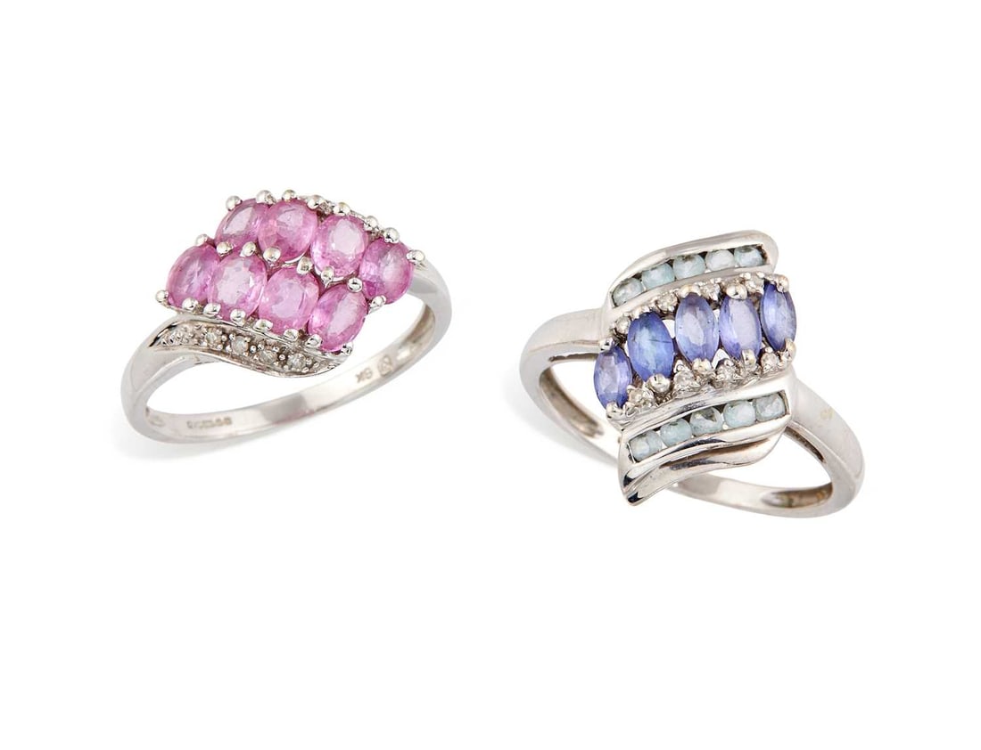 TWO 9 CARAT WHITE GOLD GEM-SET RINGS: comprising a tanzanite band ring, hallmarked; and a pink sapphire and diamond band ring, hallmarked. (2) Ring sizes P and O, 2.8 grams gross Good condition