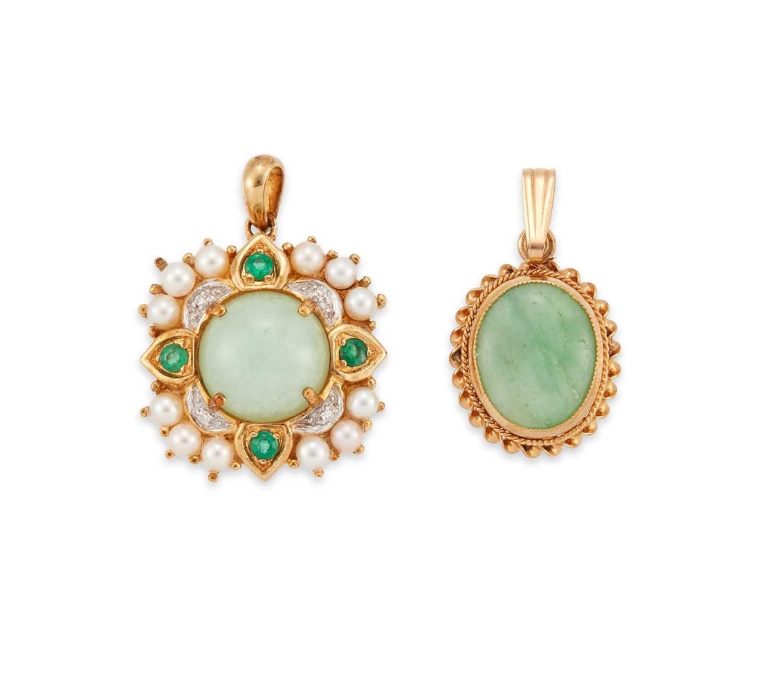 TWO 9 CARAT GOLD JADE PENDANTS: including a jade, split pearl, emerald and diamond cluster example, hallmarked; etc. (2) First 2.5cm long, 4.9 grams gross Good condition