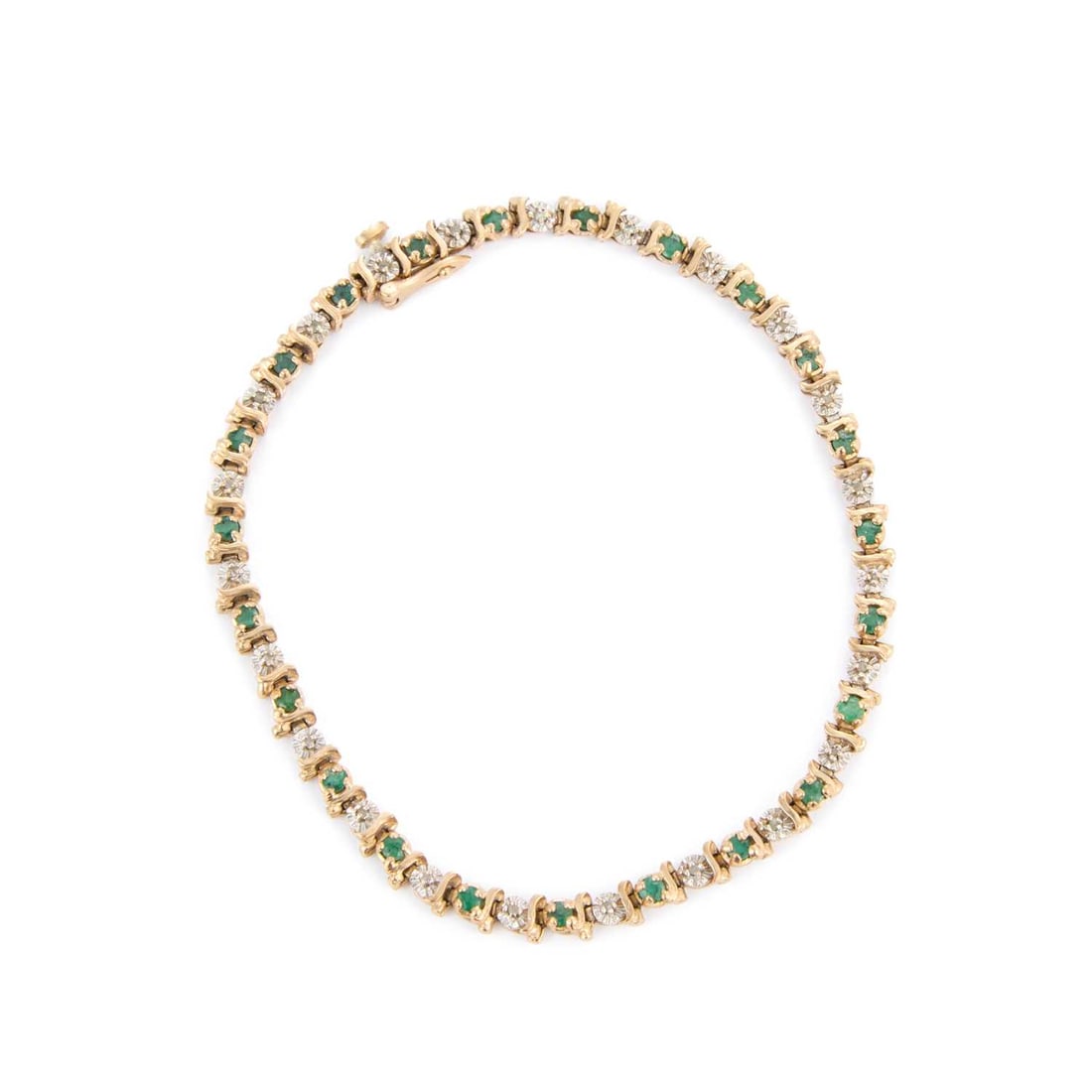 A 9 CARAT GOLD EMERALD AND DIAMOND TENNIS BRACELET: of alternating round-cut emeralds and diamonds, spaced by scroll links, hallmarked London 2000. 19cm long, 6.6 grams Good condition