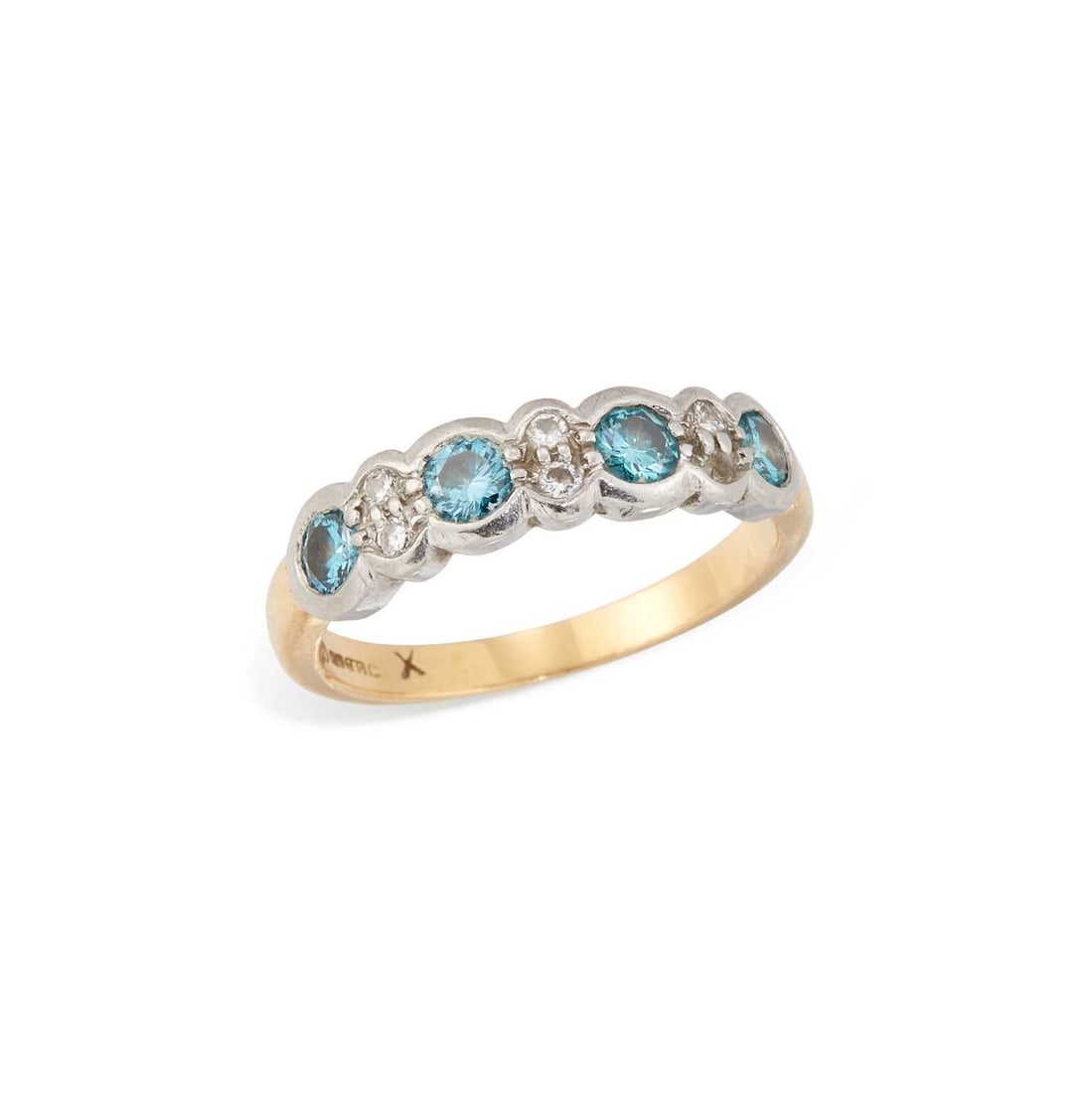 AN 18 CARAT GOLD BLUE AND WHITE DIAMOND HALF HOOP RING: round brilliant-cut blue diamonds alternating with pairs of round brilliant-cut white diamonds, hallmarked Birmingham. Estimated total diamond weight 0.45 carat, ring size L, 3.9 grams Good condition