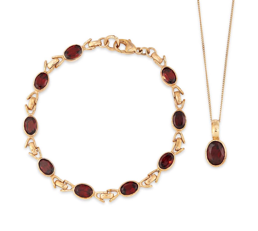 A 9 CARAT GOLD GARNET BRACELET AND PENDANT ON CHAIN: the bracelet formed of oval-cut garnets spaced by X-form links; the pendant an oval-cut garnet to a fine chain, both hallmarked. (2) Bracelet 18cm long, pendant 1.8cm long, 11.9 grams gross Good