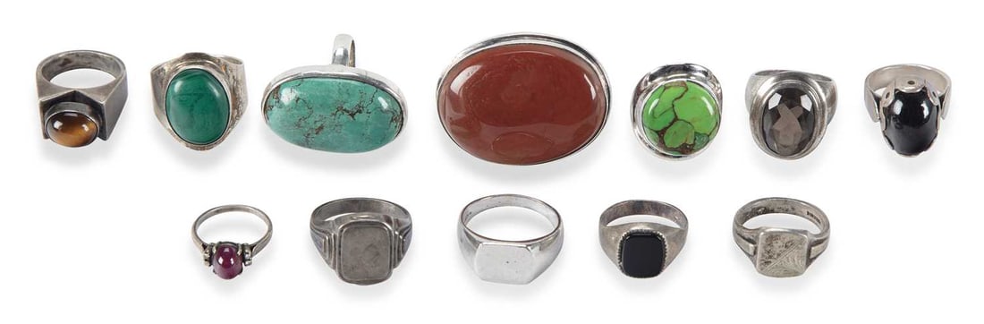 A COLLECTION OF SILVER GEM-SET RINGS: including malachite, smoky quartz, etc. (12) Ring sizes Z and smaller, 130 grams gross Light general wear