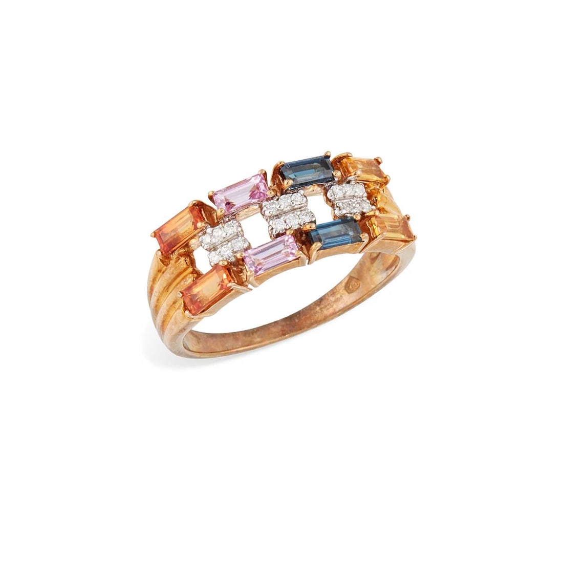 A 9 CARAT GOLD COLOURED SAPPHIRE AND DIAMOND RING: octagonal-cut yellow, blue, pink and orange sapphires between pairs of round brilliant-cut diamonds, hallmarked Birmingham. Ring size N1/2, 3.2 grams Good condition