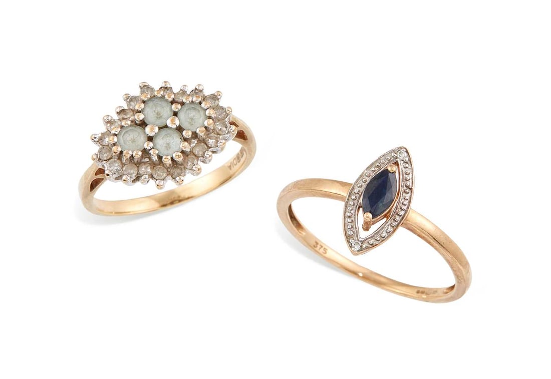 TWO 9 CARAT GOLD GEM-SET RINGS: comprising a blue topaz and diamond cluster ring, hallmarked; and a sapphire and diamond cluster ring, hallmarked. (2) Ring sizes K1/2 and Q1/2, 2.4 grams gross Good condition