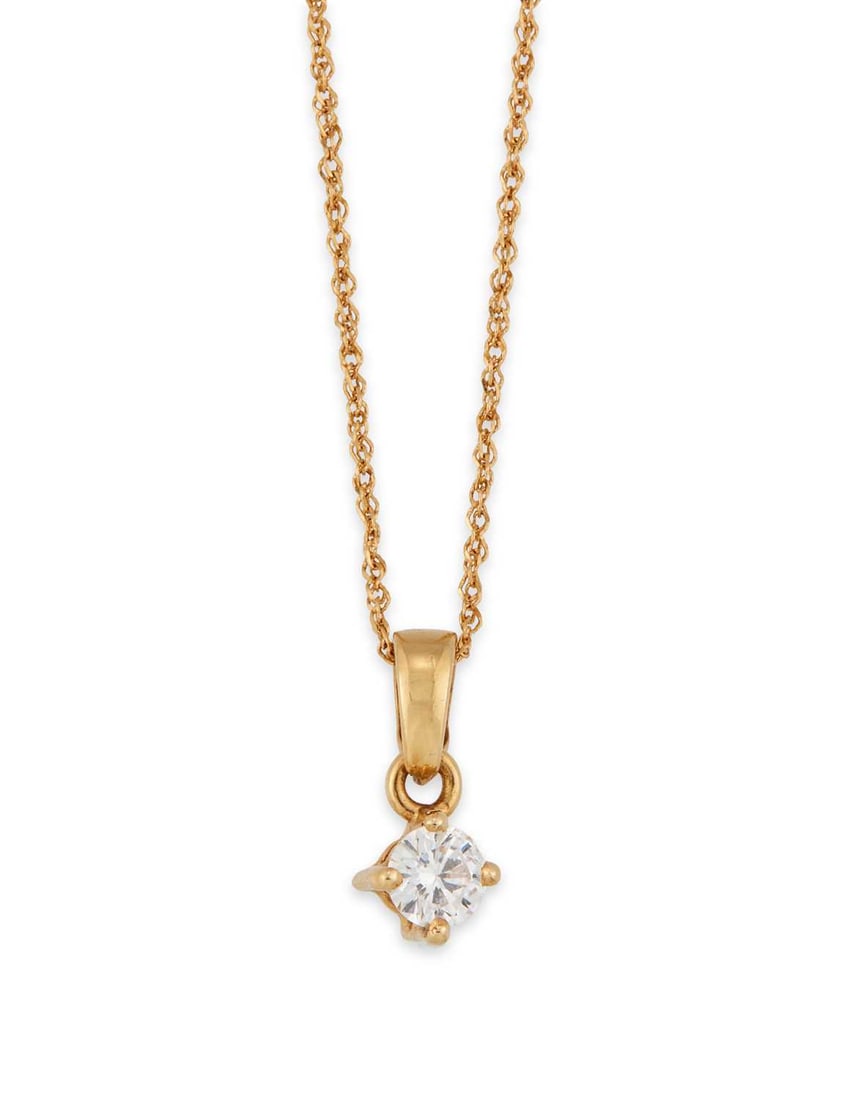 AN 18 CARAT GOLD SOLITAIRE DIAMOND PENDANT ON CHAIN: a round brilliant-cut diamond pendant in a claw setting, on a fine chain, hallmarked. Estimated diamond weight 0.15, pendant 1cm long, 1.7 grams Good condition. Estimated diamond colour: F/G,