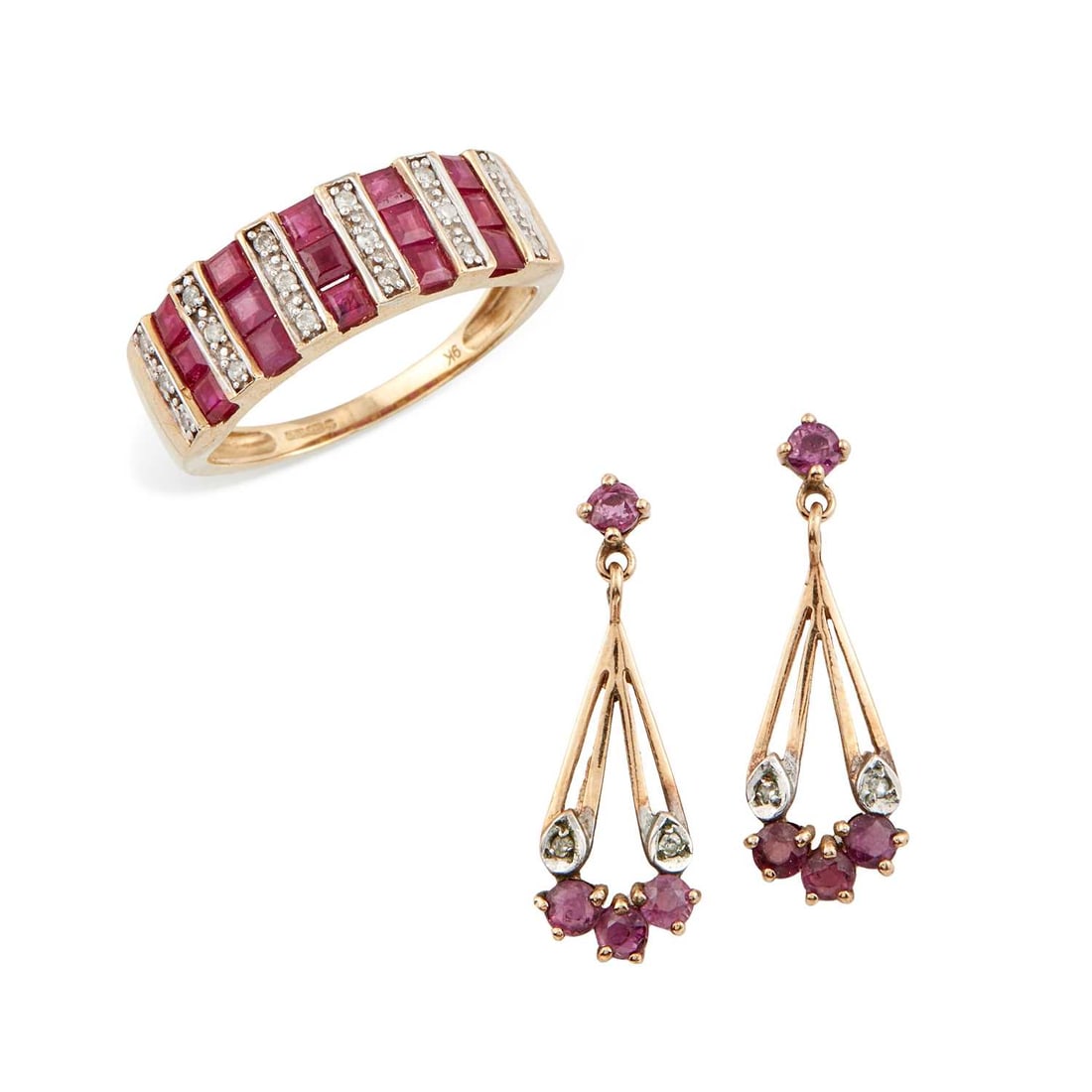 A 9 CARAT GOLD RUBY AND DIAMOND RING AND PAIR OF PENDANT EARRINGS: both hallmarked, the earrings with post fittings. (2) Ring size O1/2, earrings 2.1cm long, 2.9 grams gross Good condition
