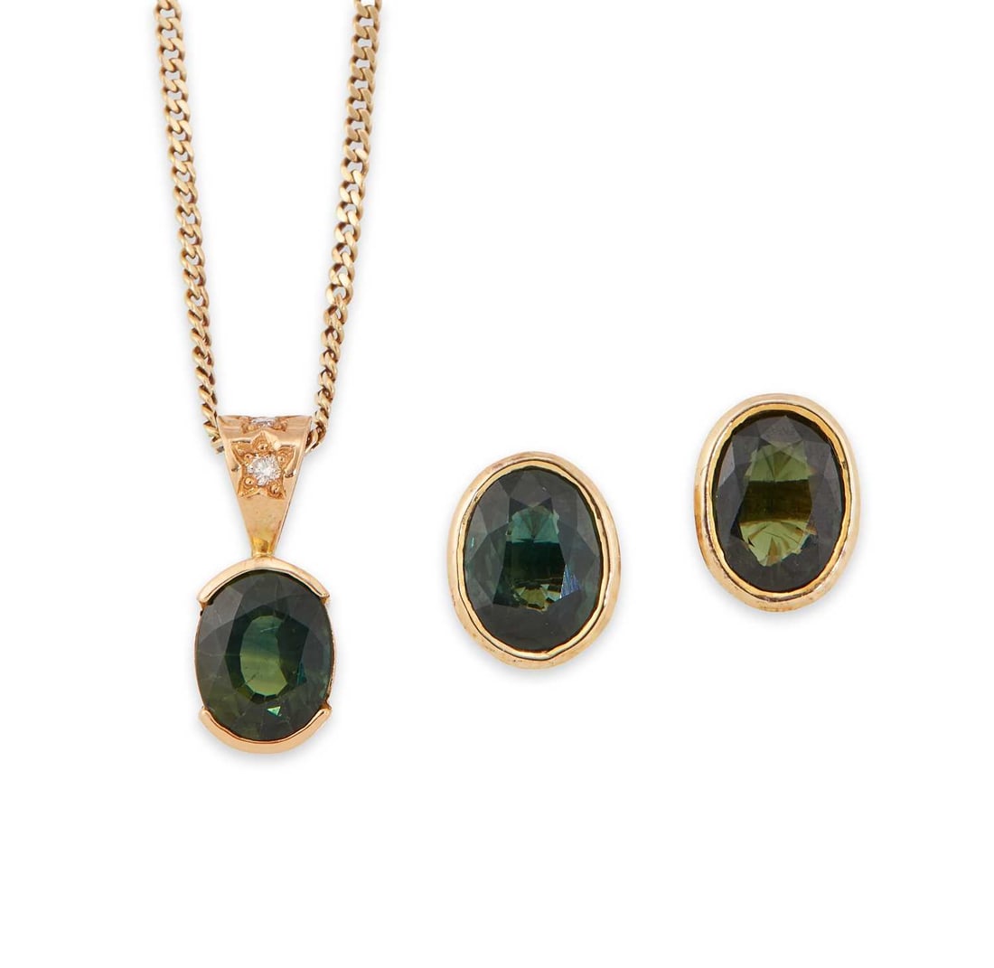 A GREEN SAPPHIRE AND DIAMOND PENDANT ON CHAIN AND PAIR OF STUD EARRINGS: the pendant with an oval-cut green sapphire to a star-set diamond bail and fine chain; the earrings oval-cut green sapphires in bezel settings, with post fittings, stamped '14K', '585'. (2) Pendant