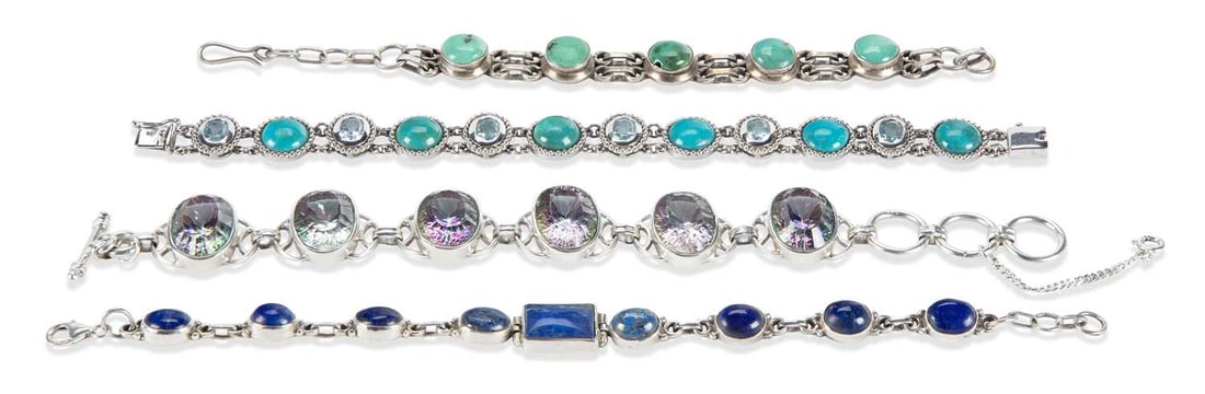 FOUR SILVER GEM-SET BRACELETS: including mystic topaz, lapis lazuli, turquoise, etc. (4) 21cm long and smaller, 105 grams gross Good condition