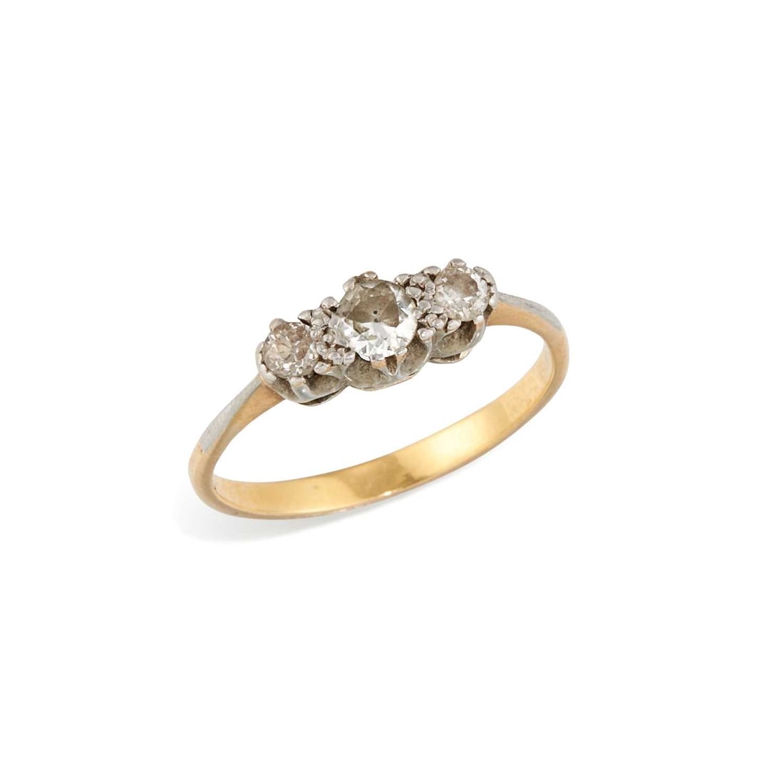 A DIAMOND THREE STONE RING: graduated round-cut diamonds to knife-edge shoulders, unmarked. Estimated total diamond weight 0.40 carat, ring size M1/2, 2.8 grams Good condition. Estimated diamond colour: H/I, estimated diamond cl