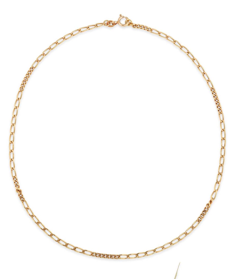 A FANCY LINK CHAIN NECKLACE: of long and short flattened curb links, stamped '750'. 40cm long, 8.5 grams Good condition. Bolt ring stamped '375', stamping link stamped '750'.
