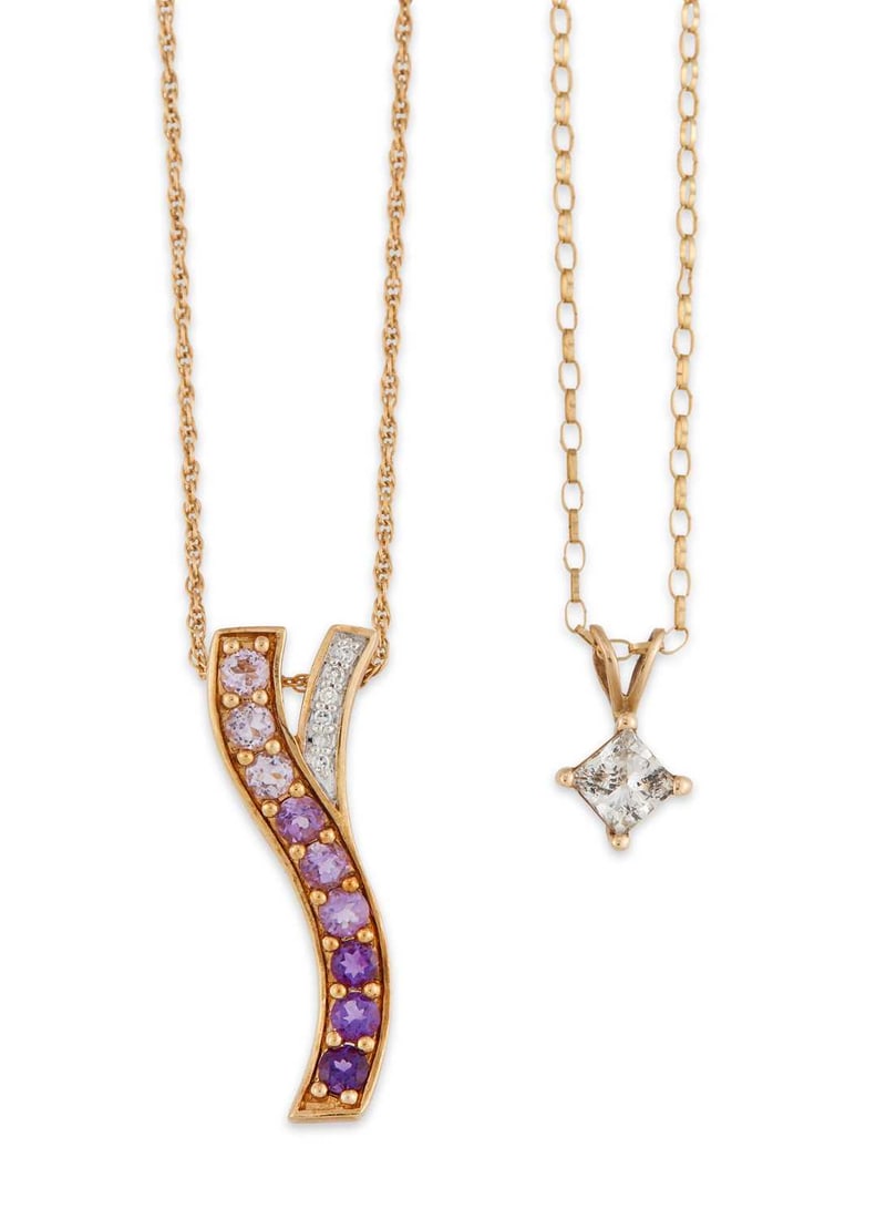 TWO GOLD GEM-SET PENDANT NECKLACES: comprising a 9 carat gold graduated amethyst and diamond pendant, hallmarked, on a 9 carat gold fine chain; and a 14 carat gold solitaire princess-cut diamond pendant, hallmarked, on a 9 carat gold