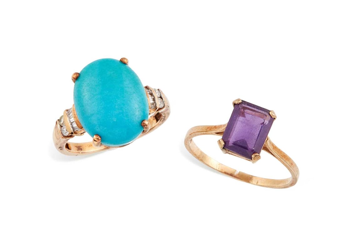 TWO 9 CARAT GOLD GEM-SET RINGS: comprising a turquoise and diamond ring, hallmarked; and an amethyst ring, hallmarked. (2) Ring sizes N1/2 and P1/2, 4.7 grams gross Good condition
