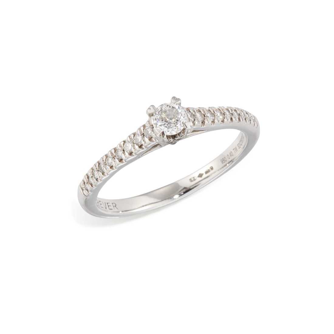 A PLATINUM SOLITAIRE DIAMOND RING: a round forever-cut diamond in a claw setting, to diamond-set shoulders, hallmarked London. Estimated principal diamond weight 0.20 carat, stated total diamond weight 0.40 carat, ring size Q, 4.1