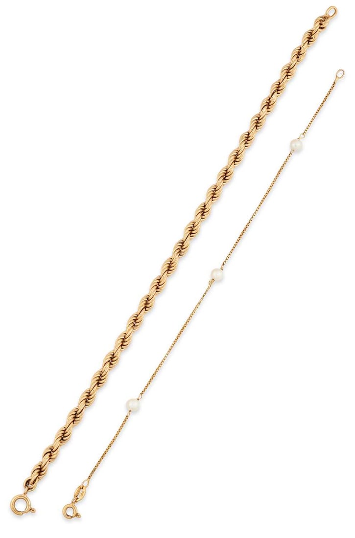 TWO GOLD BRACELETS: comprising a rope bracelet, stamped '750'; and a 9 carat gold cultured pearl and box link chain bracelet, hallmarked. (2) 20cm long and smaller, rope bracelet 7.4 grams and pearl bracelet 1.3 grams