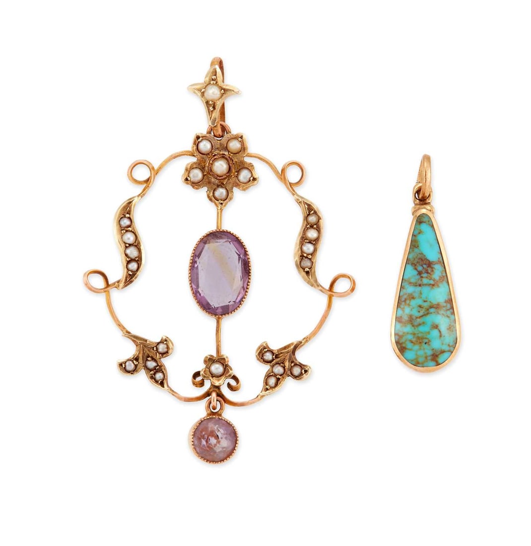 TWO GEM-SET PENDANTS: comprising an Art Nouveau amethyst and seed pearl pendant, stamped '9CT'; and a 9 carat gold turquoise pendant, hallmarked. 5cm long and smaller, 5.5 grams gross Light wear to the peals