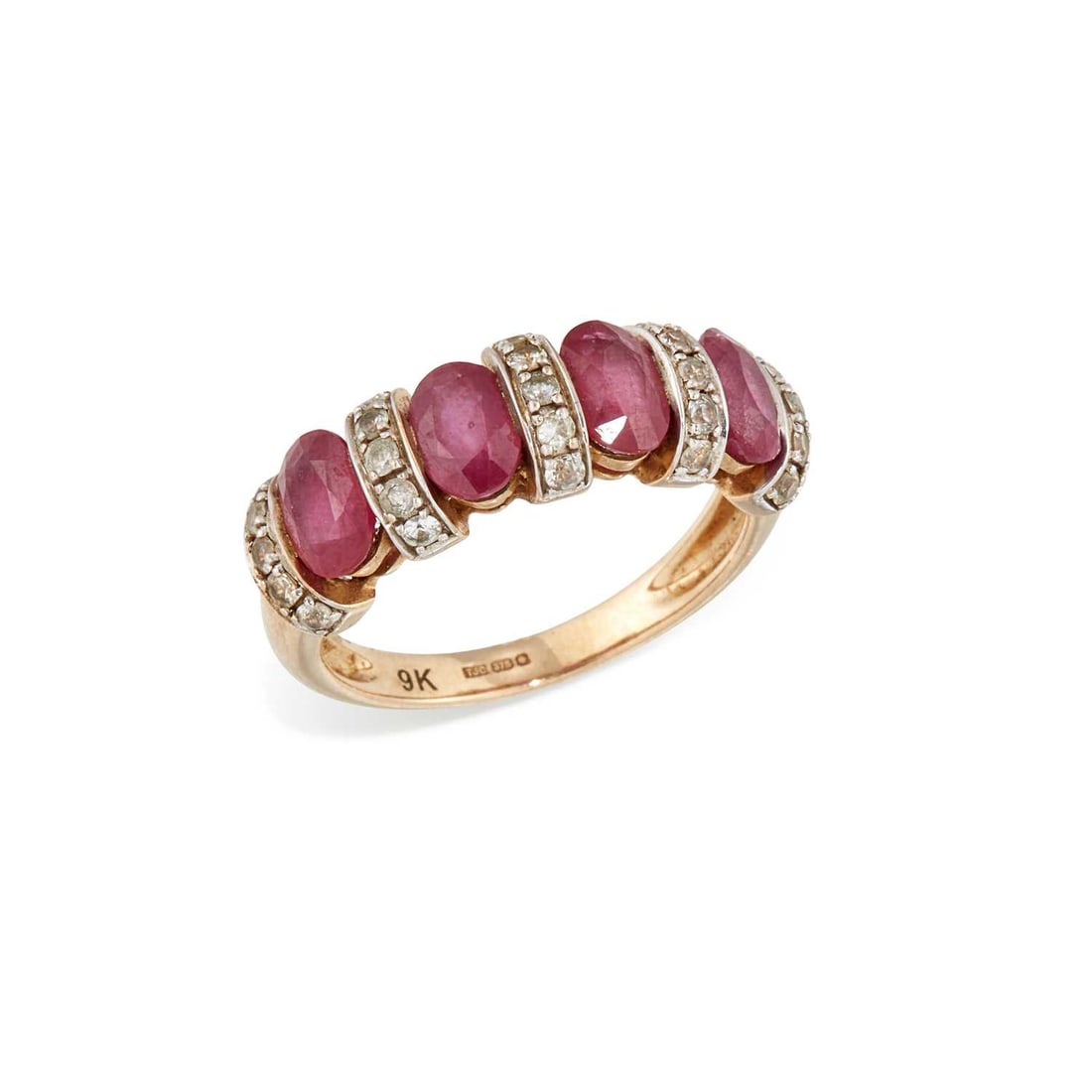 A 9 CARAT GOLD RUBY AND WHITE STONE RING: four oval-cut rubies spaced by white gem-set bands, hallmarked Sheffield. Ring size M, 3.6 grams Good condition