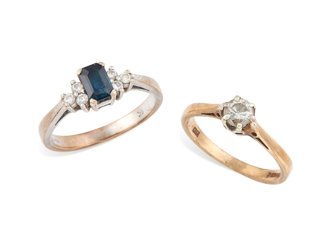 TWO 9 CARAT GOLD GEM-SET RINGS: comprising a solitaire diamond ring, hallmarked; and a sapphire and diamond ring, hallmarked. (2) First estimated diamond weight 0.35 carat, ring sizes J1/2 and M, 2.5 grams gross Good condition. Esti