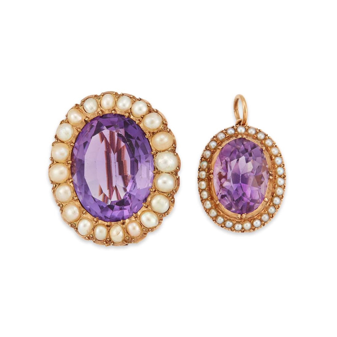 AN AMETHYST AND SEED PEARL PENDANT AND A BROOCH: oval-cut amethysts within borders of pearls, both unmarked. (2) Pendant 2.5cm long, brooch 2.7cm long, 11.3 grams gross Good condition, light wear to the pearls. Pendant converted from a brooch