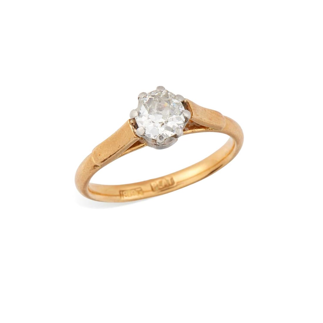 A SOLITAIRE DIAMOND RING: an old-cut diamond in a claw setting, stamped '18K', (a/f). Ring size N1/2, 3.9 grams Diamond with a significant chip to crown/girdle. 6mm x 5.7mm x 3mm